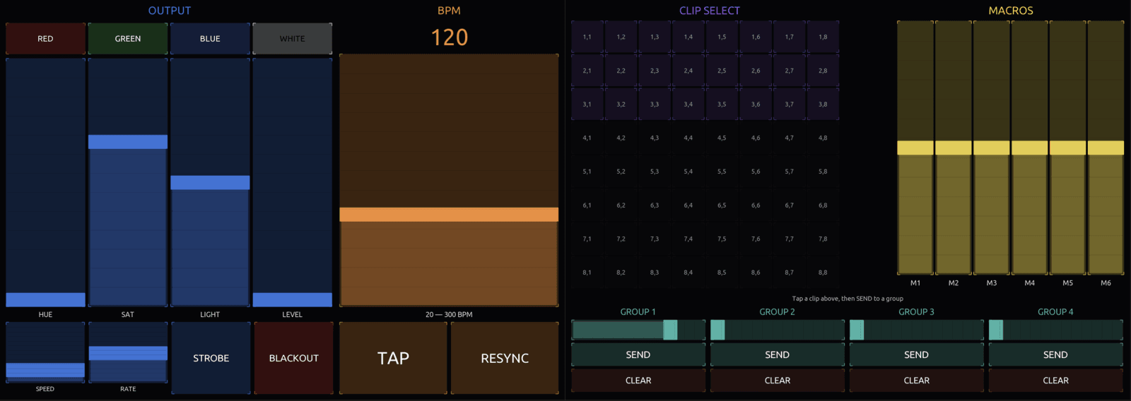 TouchOSC template, Master and Clips pages side by side