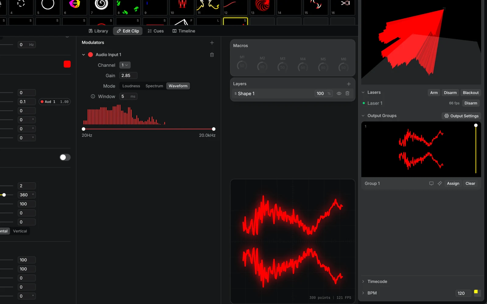An audio input modulator in Waveform mode with a live spectrum and a waveform-shaped laser frame on the right