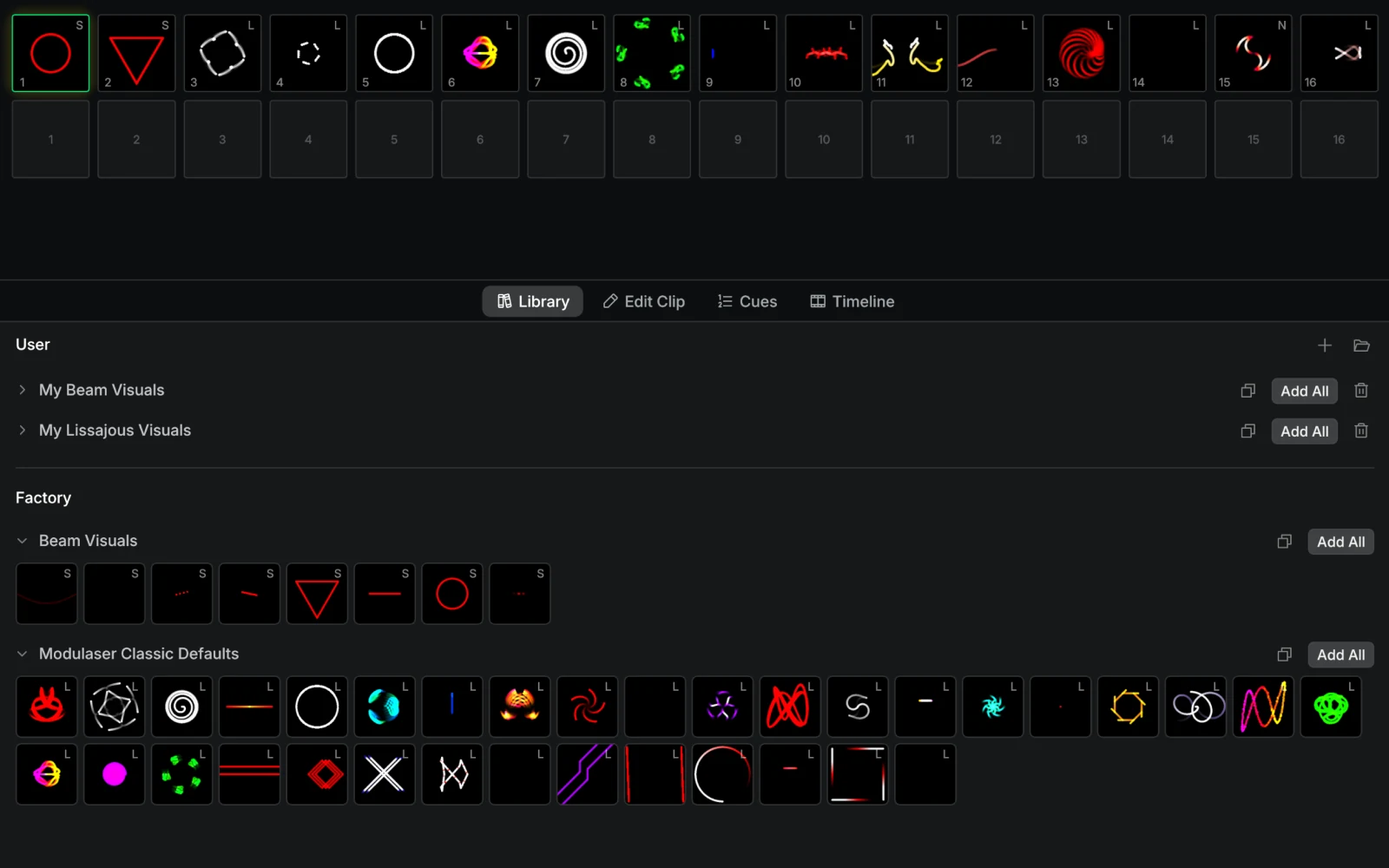 The Modulaser 2 content library showing clips, patches, and scenes