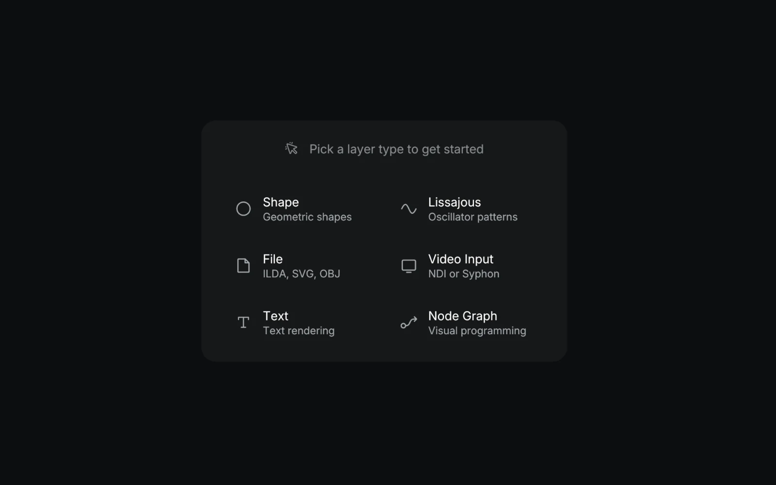 Modulaser's layer type picker showing Shape, Lissajous, File, Video Input, Text, and Node Graph