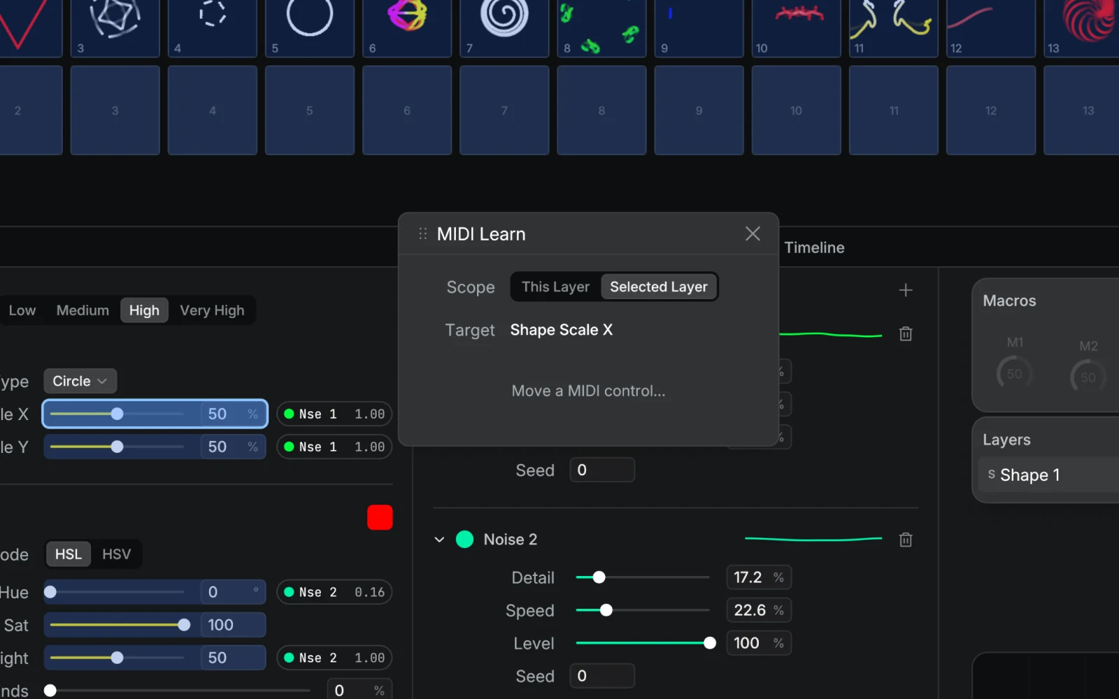 The MIDI Learn popover in Modulaser with Scope set to Selected Layer and Target showing Shape Scale X