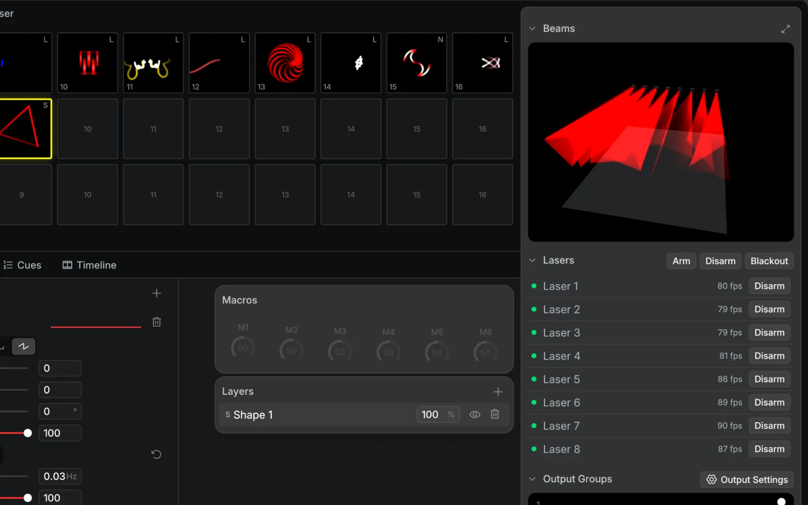 Eight lasers listed in the Modulaser output panel, all armed and running at full frame rate