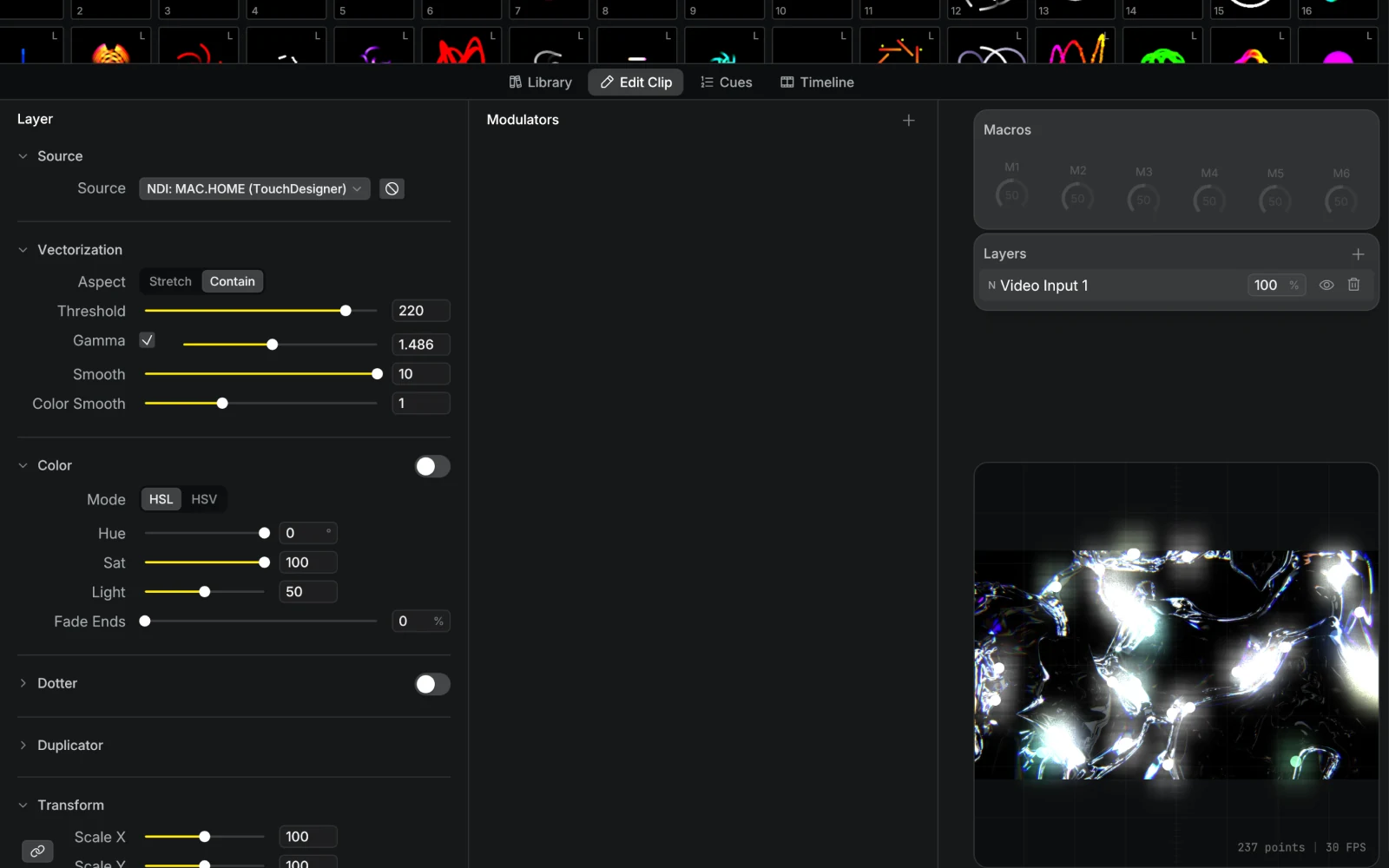 A Video Input layer in Modulaser receiving an NDI source from TouchDesigner, with vectorization controls and a live preview