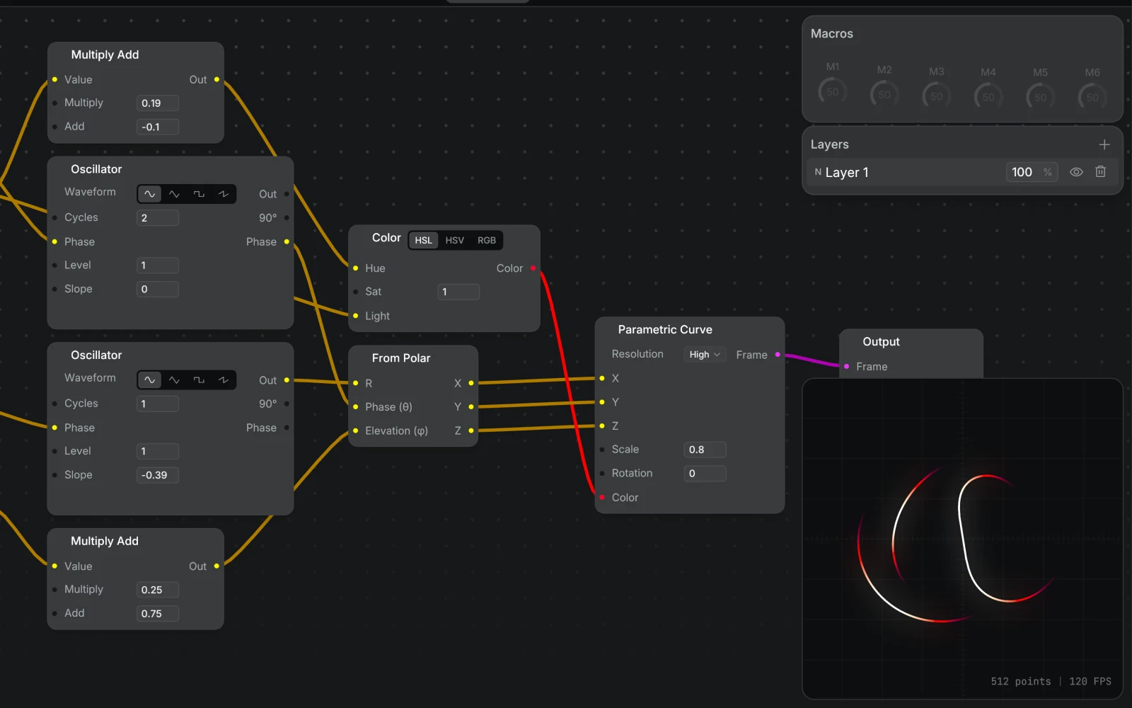 The Modulaser node graph editor with sources, effects, and outputs connected on the canvas