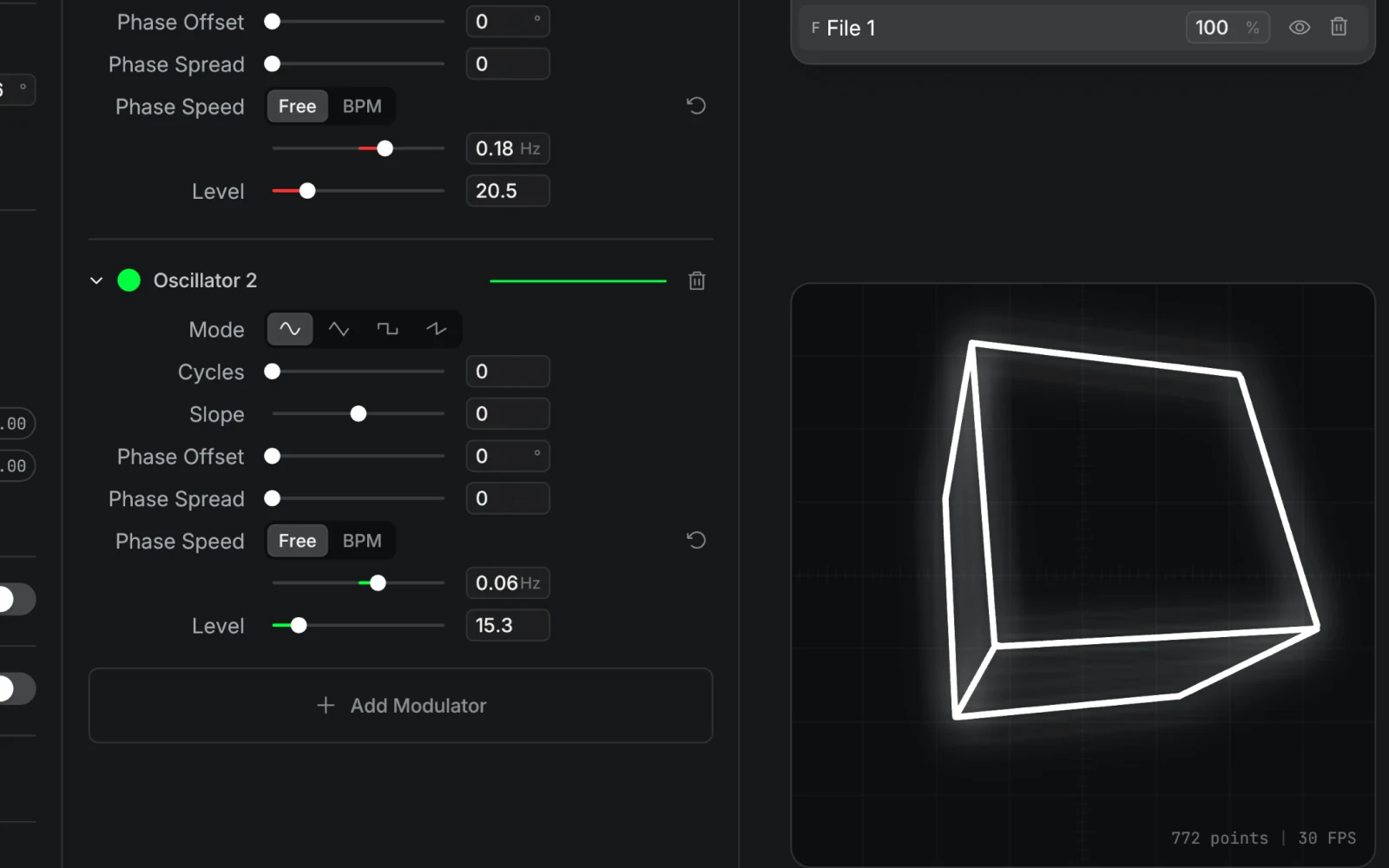 An imported OBJ cube rendered as a wireframe laser frame, with oscillator modulators driving rotation