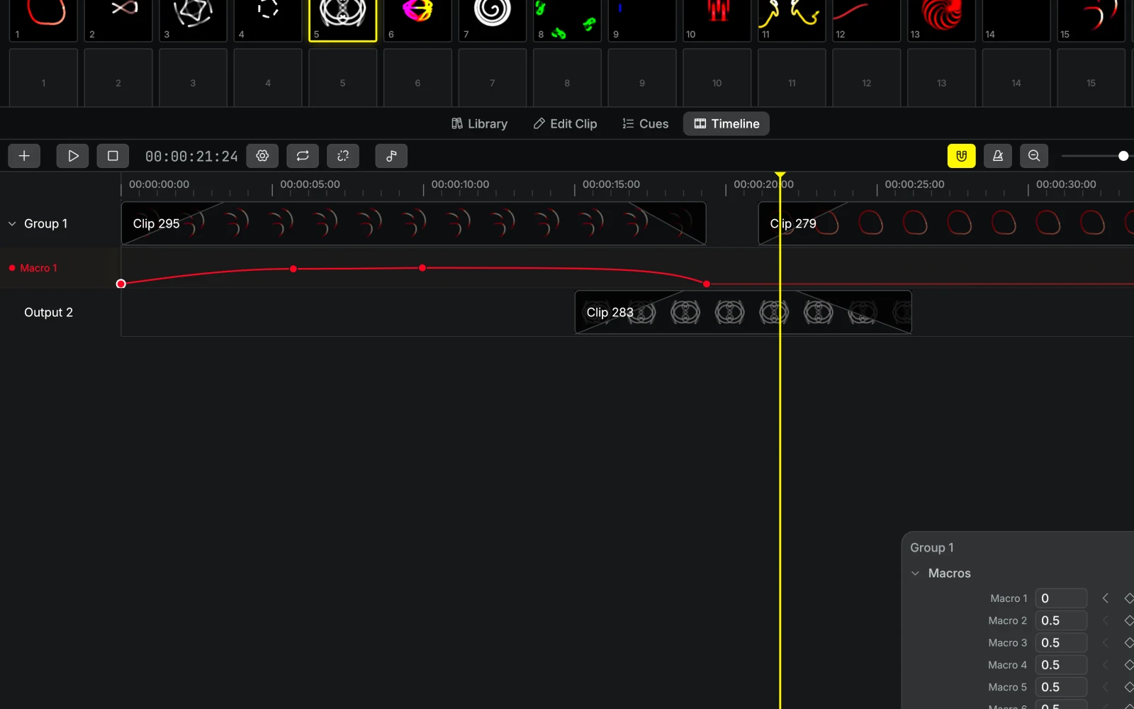 The Modulaser timeline editor with clip lanes per output group and a cue list