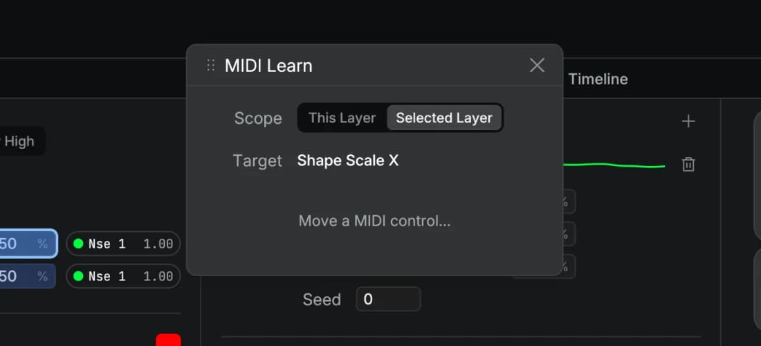 MIDI Learn mapping a controller to Shape Scale X