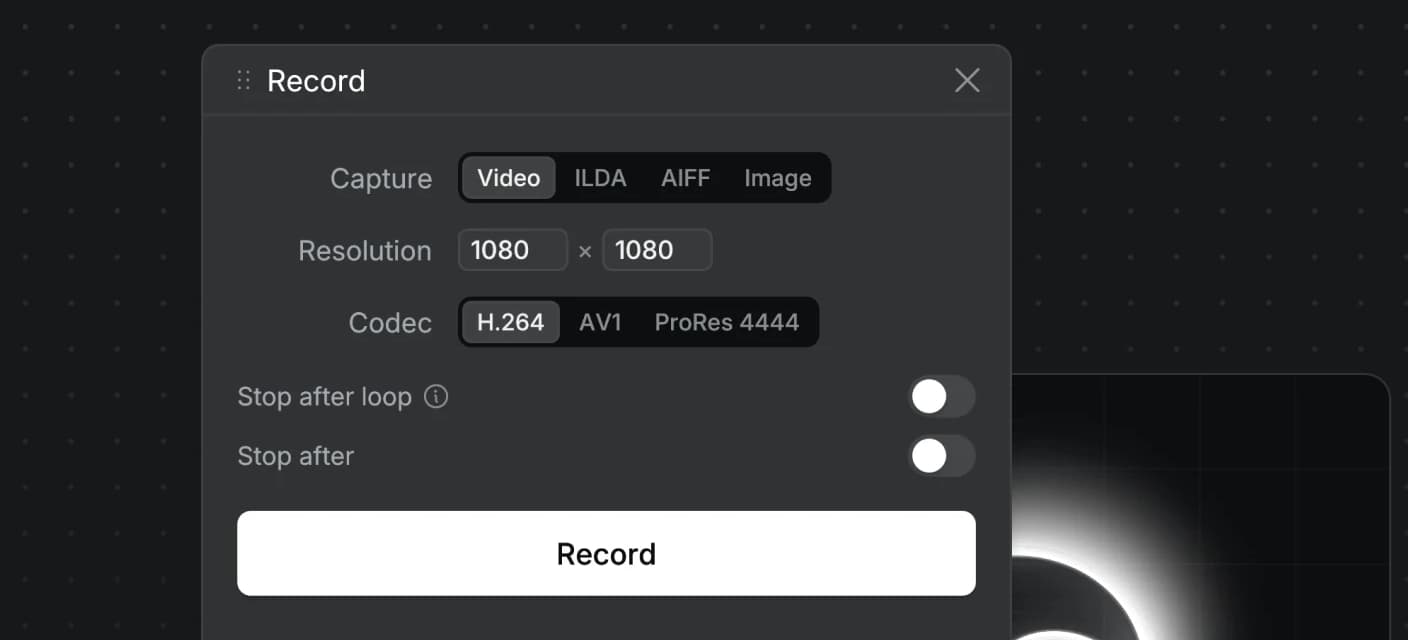 Recording controls for video, ILDA, AIFF, and image export